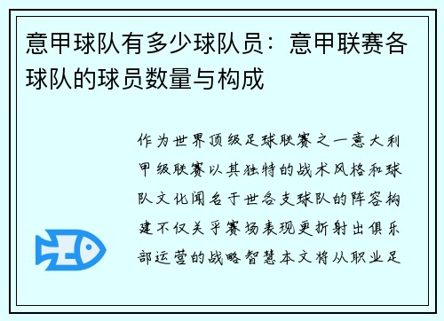 意甲球队有多少球队员：意甲联赛各球队的球员数量与构成