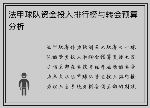 法甲球队资金投入排行榜与转会预算分析